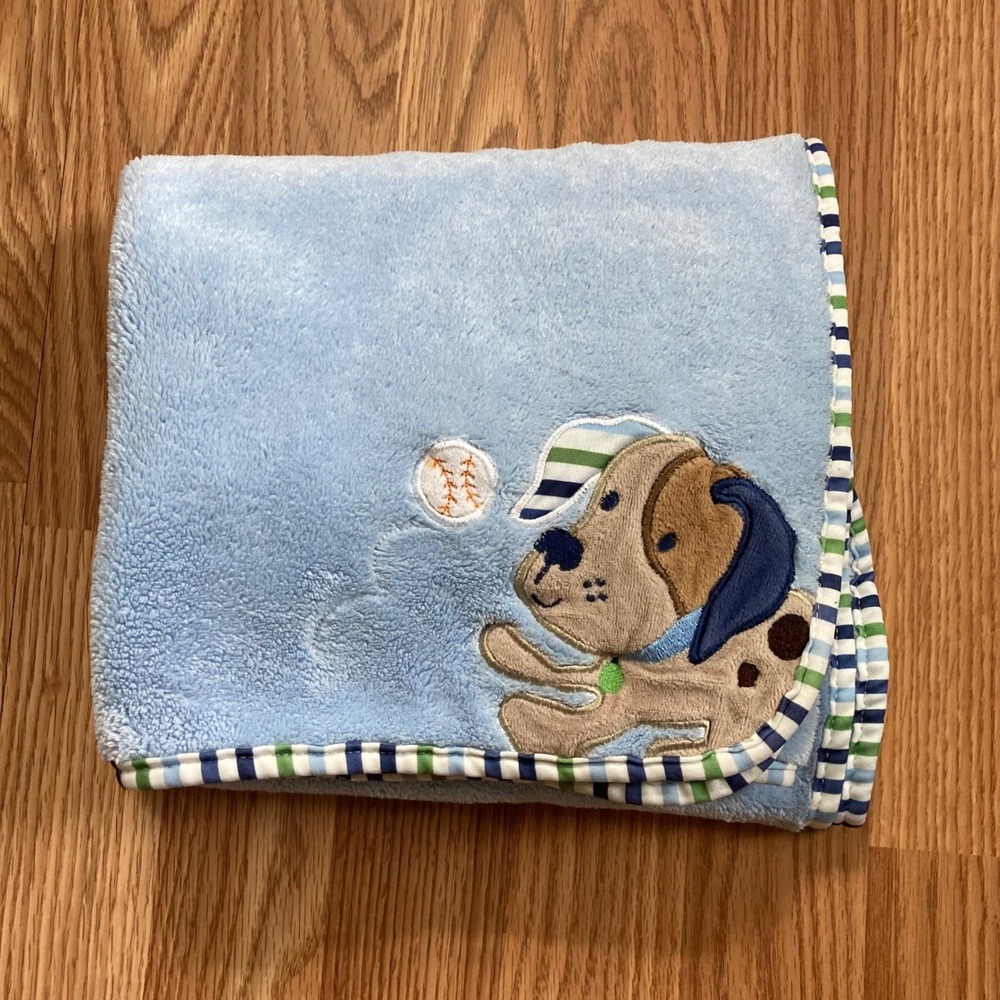 Garanimals Puppy Dog Baby Blanket Baseball Blue Stripes 28 x 39